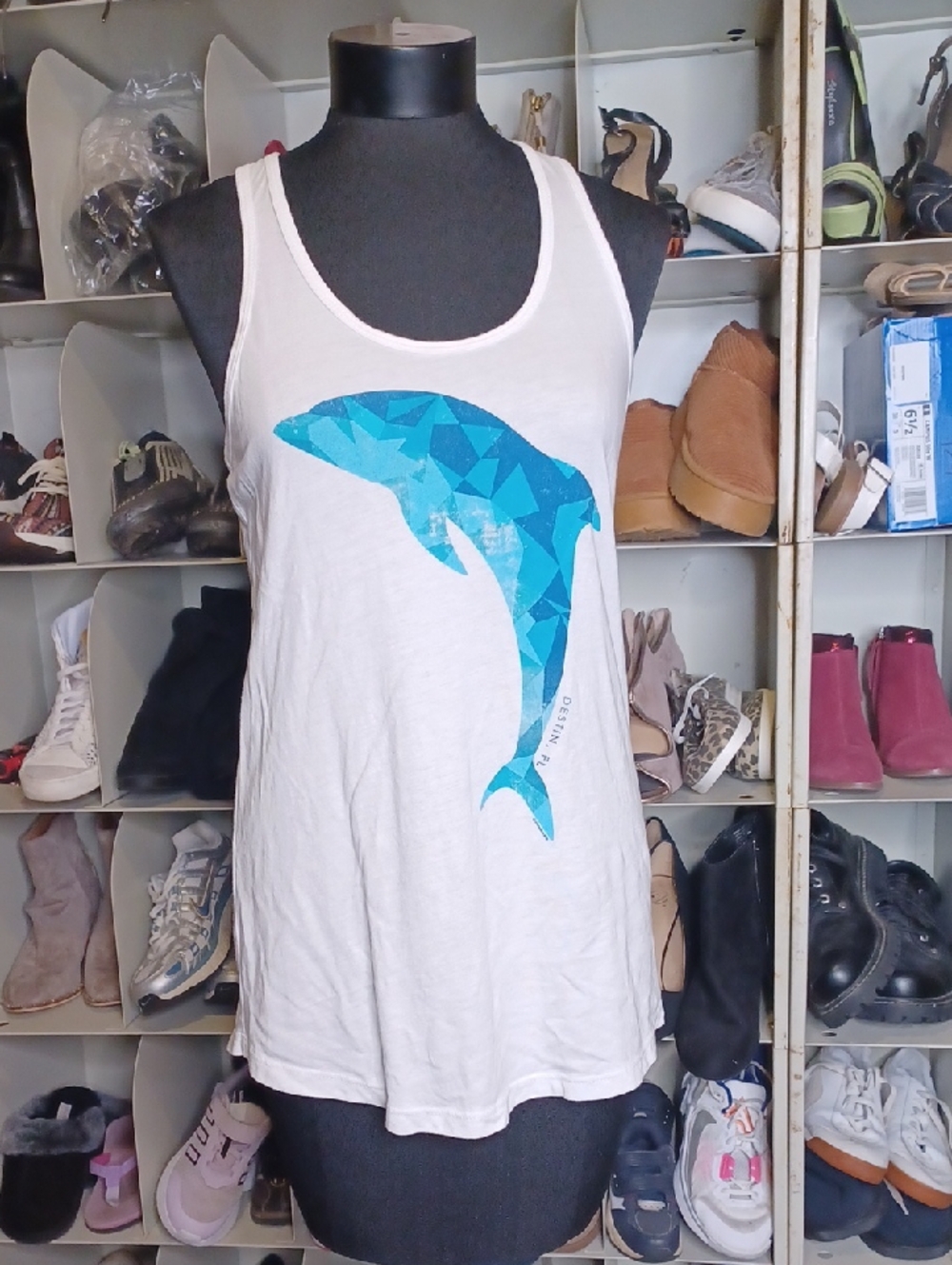 White Tank Top with Blue Geometric Dolphin Graphic - Women